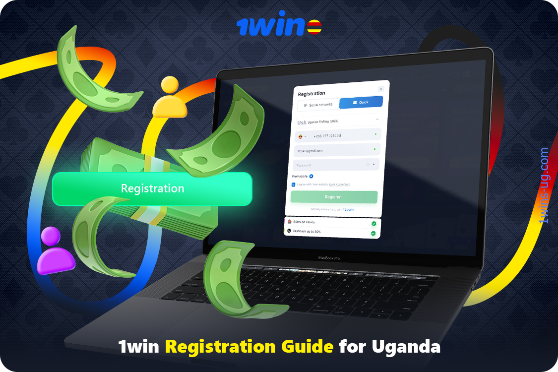 Registration at 1win in Uganda can be done using the quick method or through social media platforms