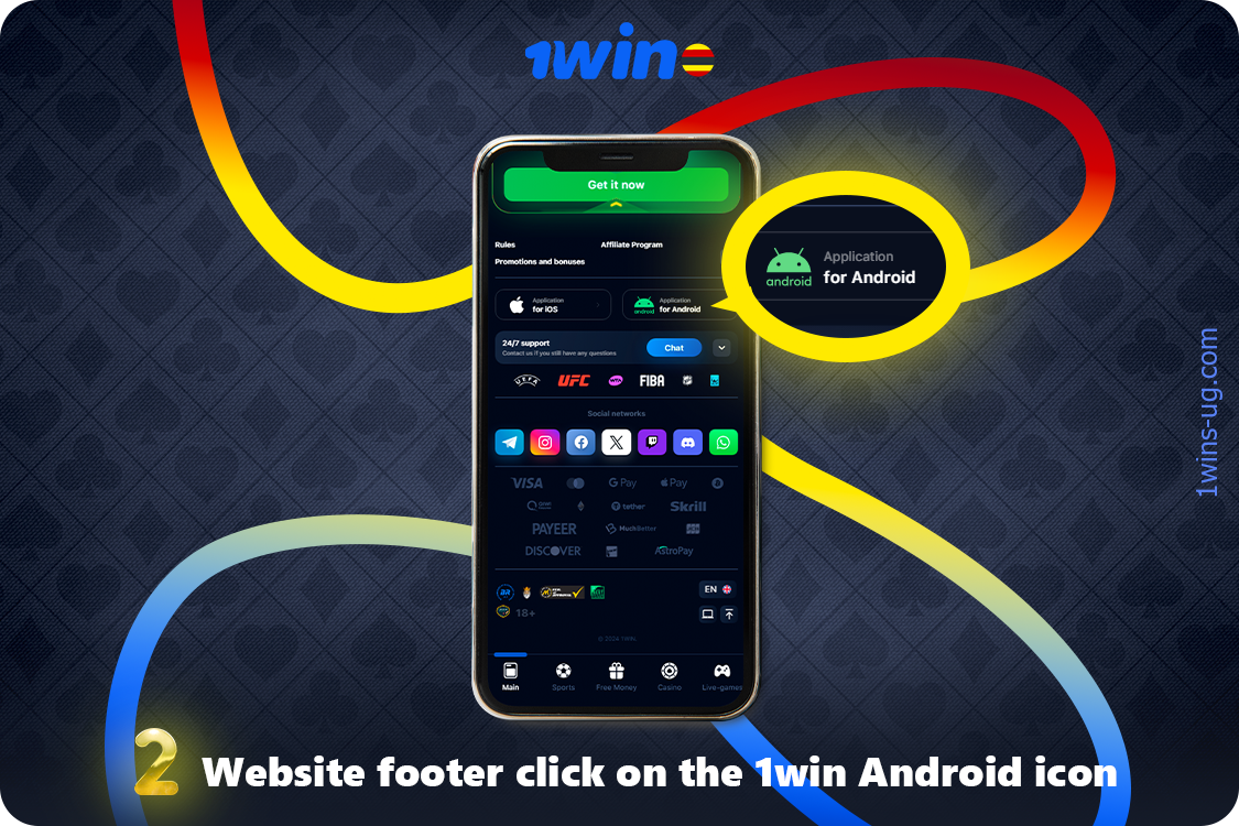 In the footer of the official 1win website, click on the Android icon to start downloading the app