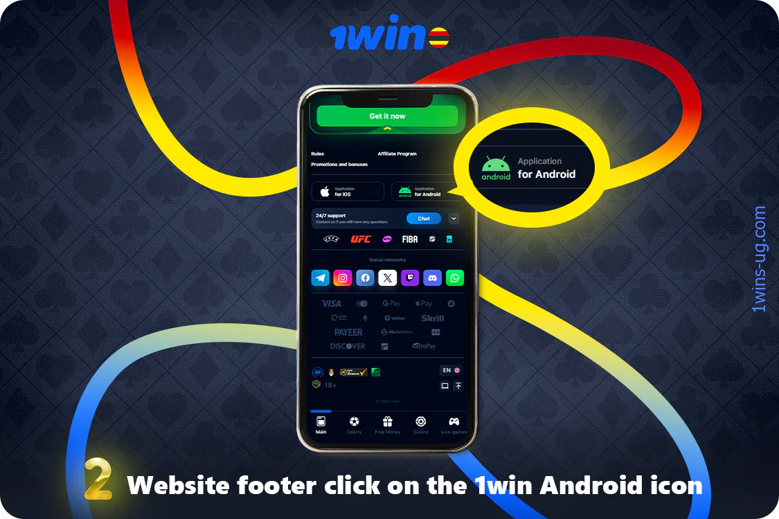 In the footer of the official 1win website, click on the Android icon to start downloading the app