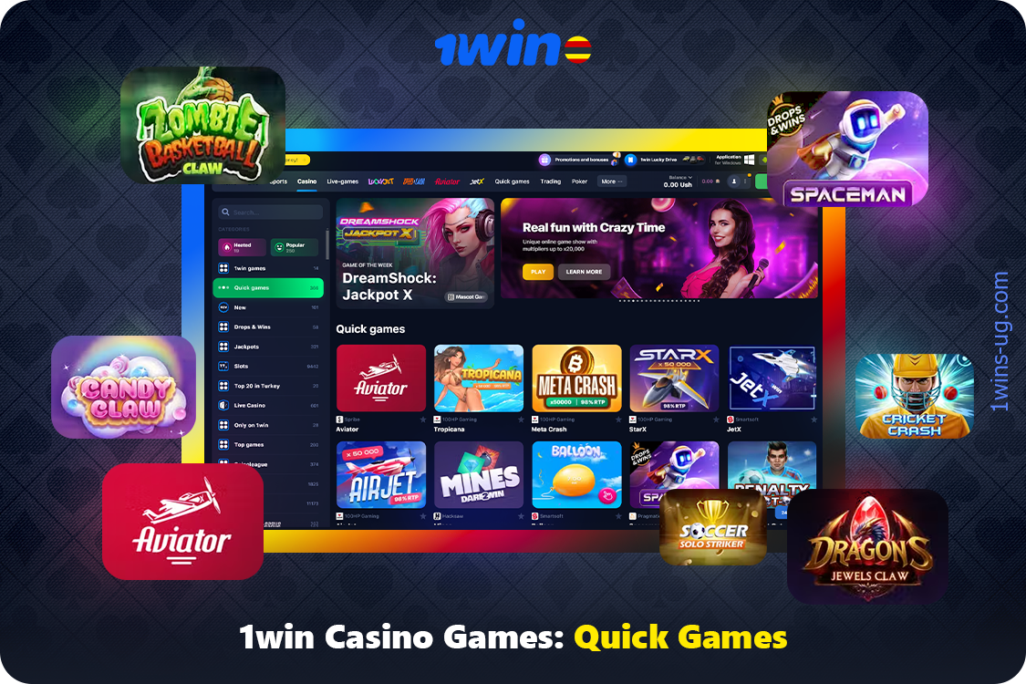 1win Uganda Casino offers a Quick games section with over 350 different options
