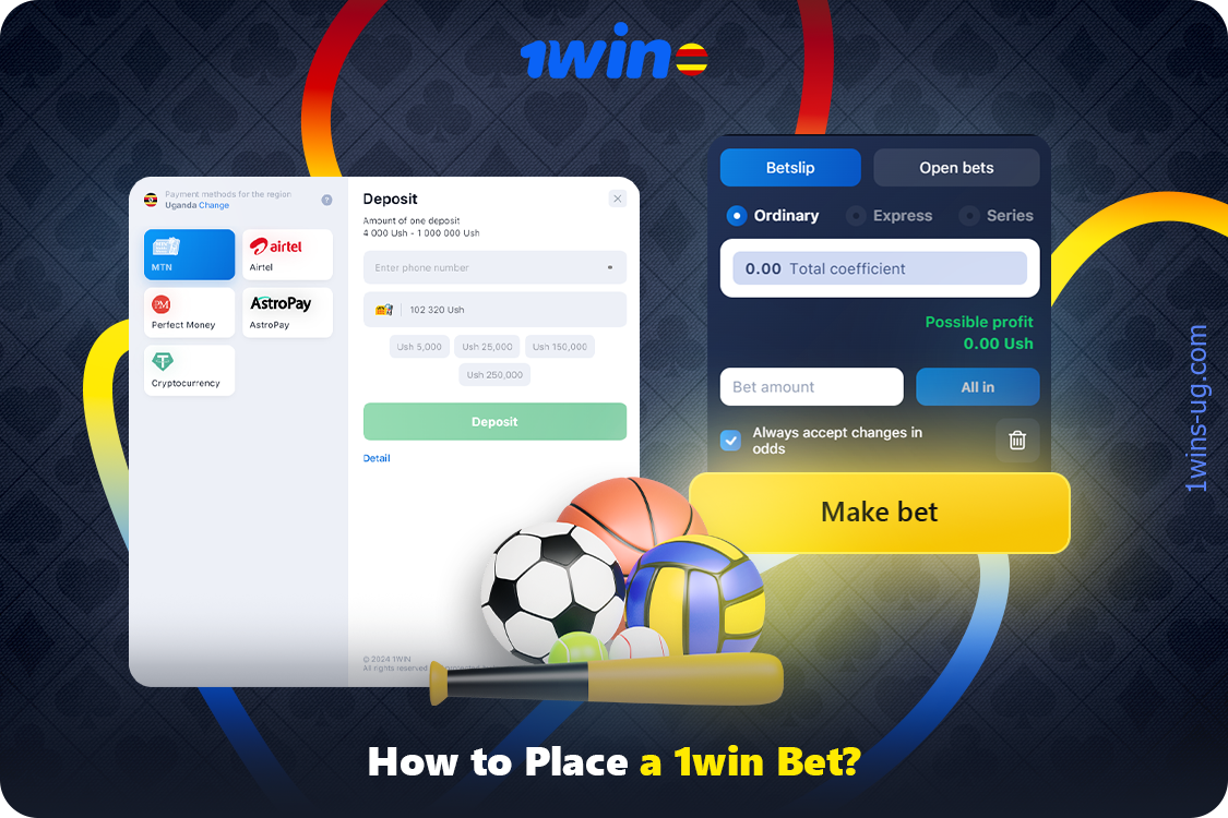 To be able to bet at 1win Uganda, you need to register or log in, as well as fund your account