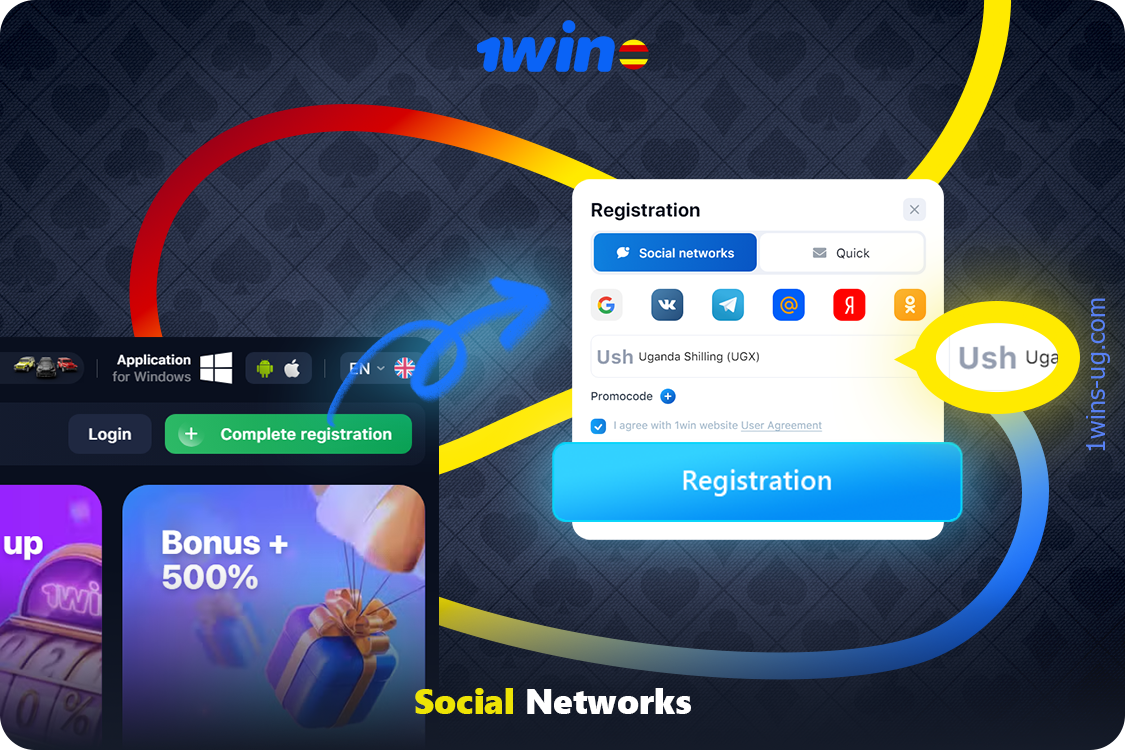 To register on 1win via social media you need to select your currency and social network