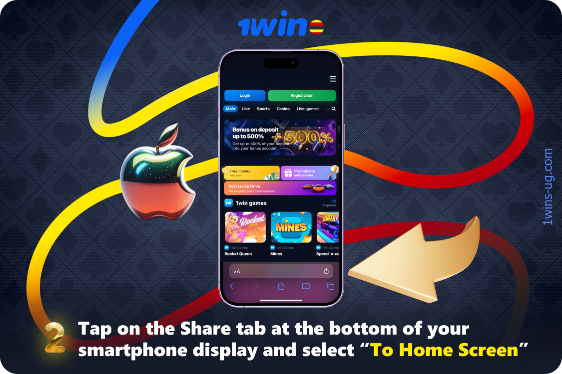 To download the 1win iPhone app, Ugandan players must open the 1win website, click on the Share tab at the bottom of the smartphone screen and select Home screen