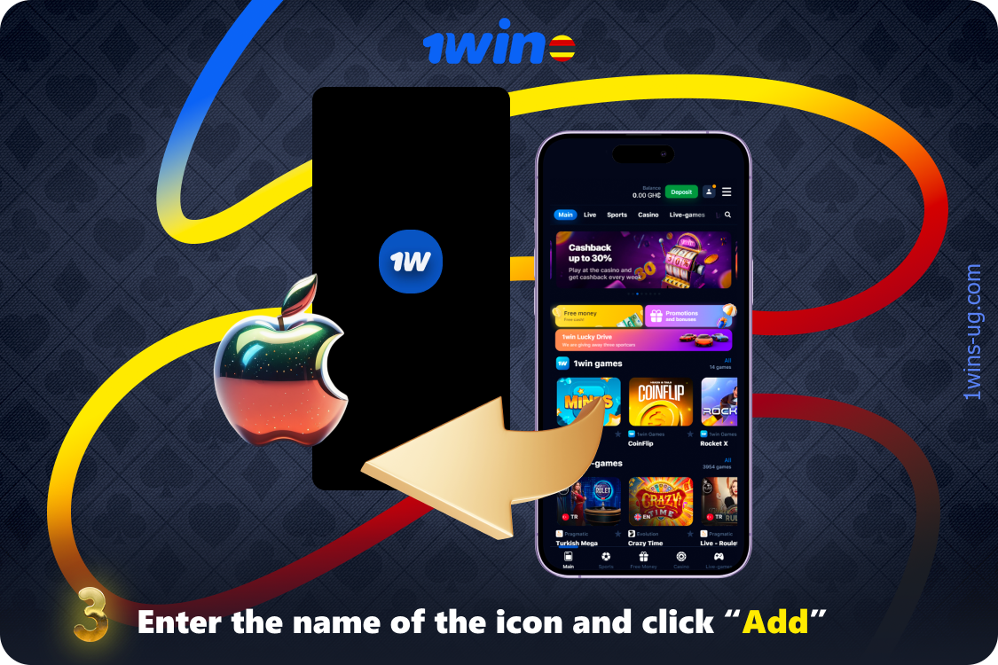 To download the 1win iPhone app, Ugandan players must open the 1win website, click on the Share tab at the bottom of the smartphone screen, type in the name of the icon and click the Add button in the opened window