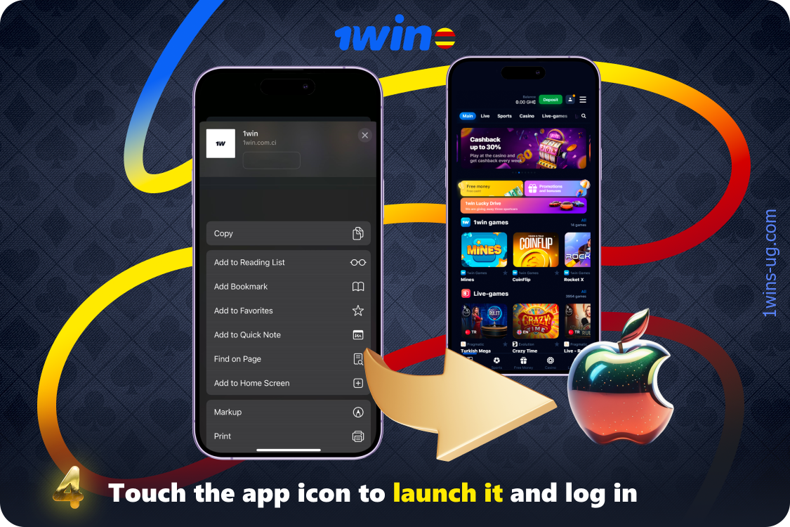 After downloading the 1win iPhone app, Ugandan players should tap on the app icon in their device's menu to launch it and log in